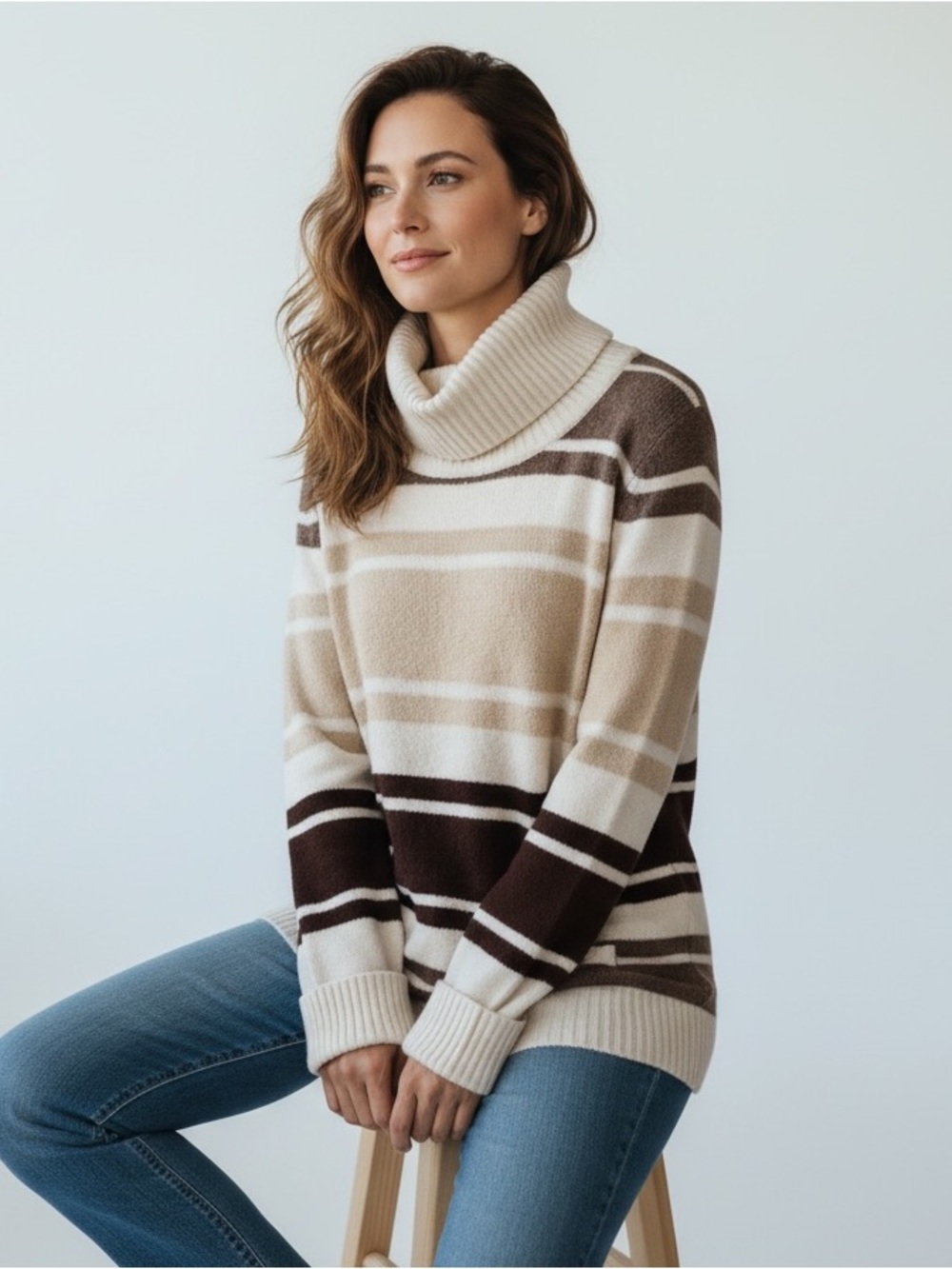 Style & Co. Striped Cowl Neck Knit Sweater Medium Neutral Kangaroo Pocket - Picture 2 of 14
